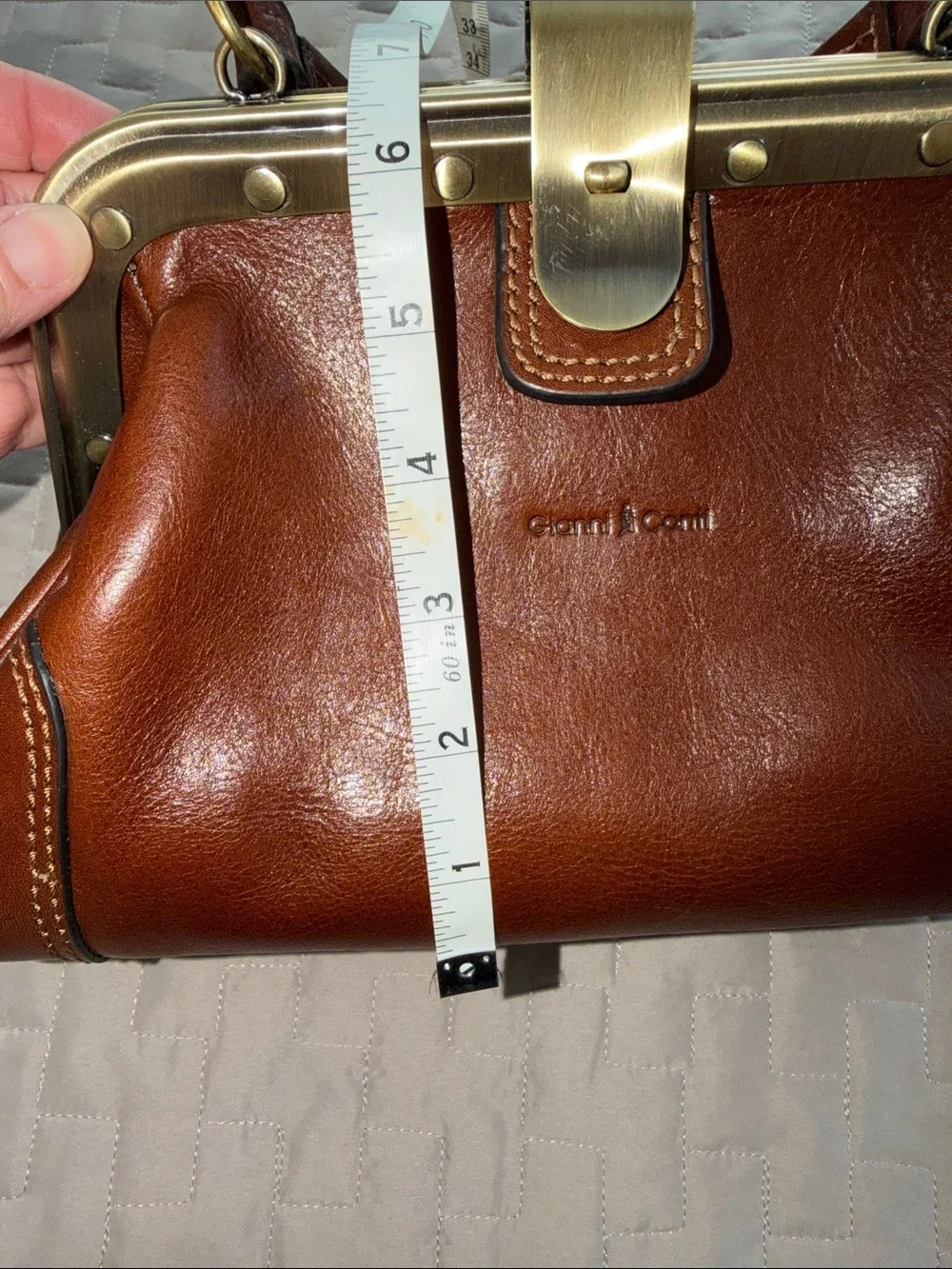 Gianni Conti Brown Italian Leather Metal Frame-Top Satchel Handbag